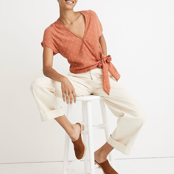 Madewell Tops - Madewell Orange Sash Tie Polka Dot Wrap Top Size Small